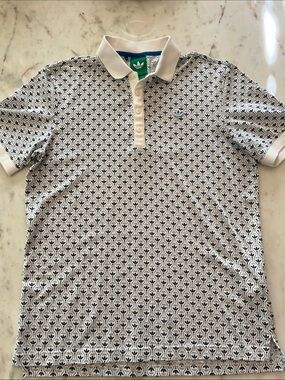 adidas White Polo with Navy Repeating Trefoil Pattern